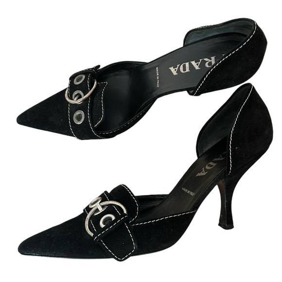 Prada Womens Black Suede Pointed Toe Slip On Vintage Kitten Heels 37 - Picture 7 of 8
